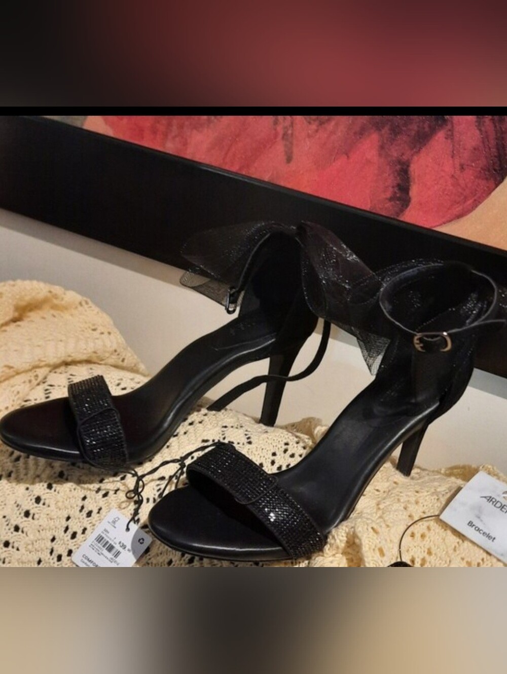 NWT Formal Black Rhinestone Ankle Strap Stiletto Sandals Heels Size 10